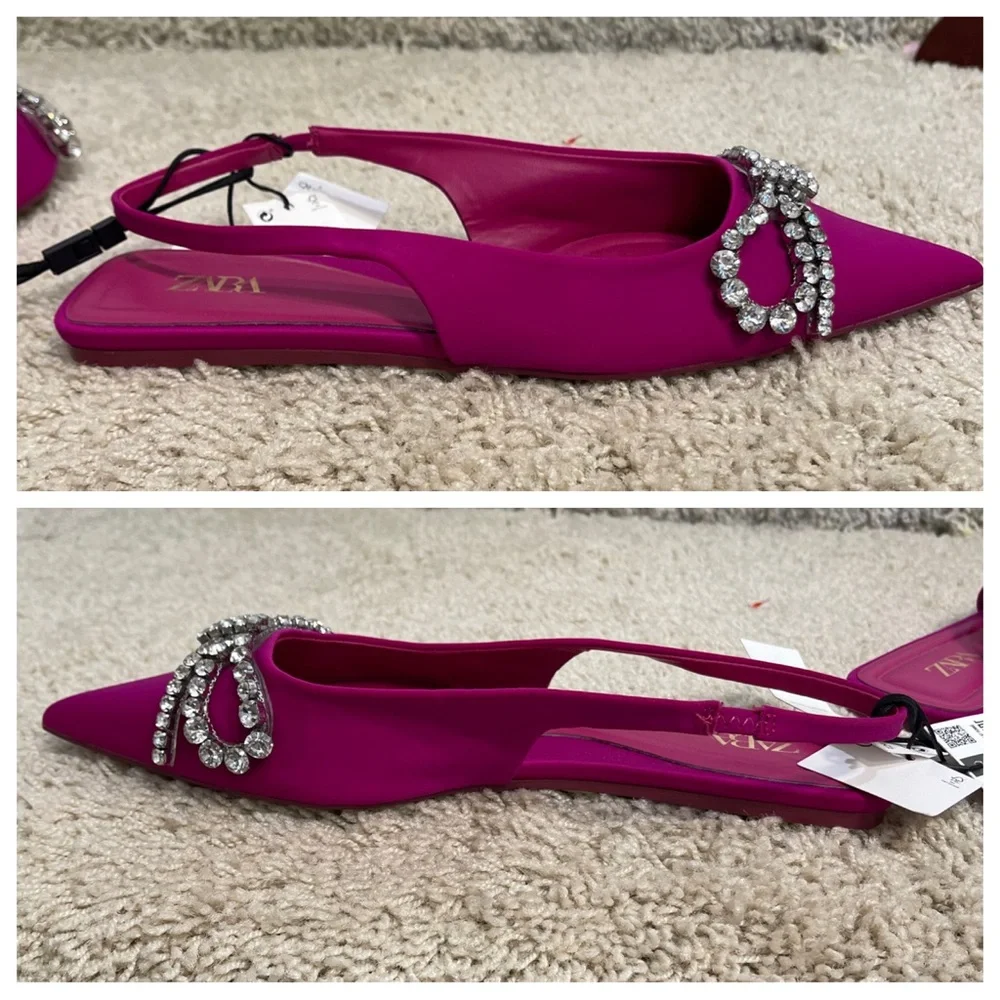 NWT! ZARA FLAT MULES WITH EMBELLISHED BOW FUCHSIA - Picture 2 of 8